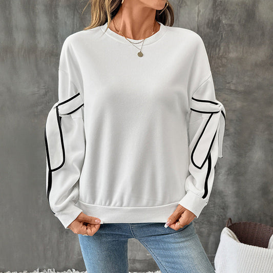 Autumn Contrast Color Three Dimensional Bow round Neck Long Sleeve Pullover Hoodie Women