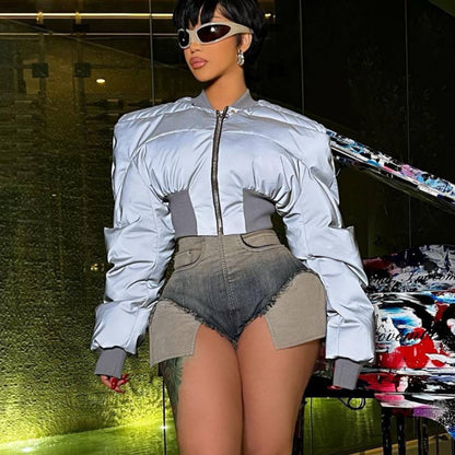 Autumn Winter Women Clothing Round Neck Long Sleeve Zipper Waist Warm Casual Reflective Cotton Padded Coat