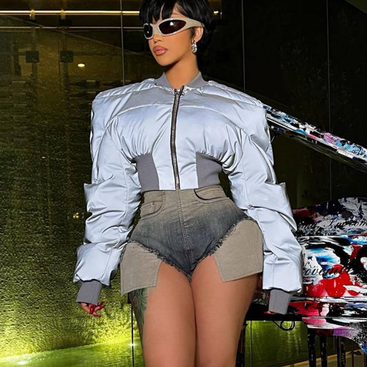 Autumn Winter Women Clothing Round Neck Long Sleeve Zipper Waist Warm Casual Reflective Cotton Padded Coat