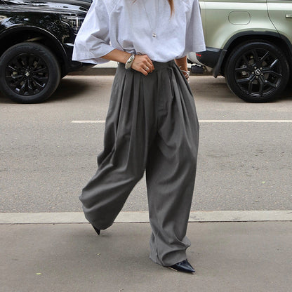 French Office Pleated Gray Work Pant Women Autumn Casual Loose All Matching Wide Leg Trousers