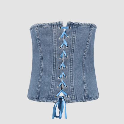 Spicy Girl Retro Denim Tube Top Women Sweet Cool off Shoulder Cropped Top