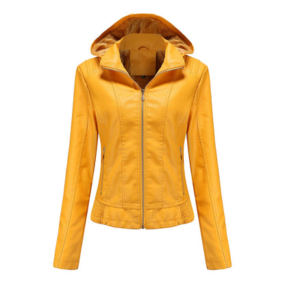 Fall Winter Hooded Leather Coat Women's Detachable Hat Long Sleeve Zipper Fleece-Lined Leather Jacket Slim Coat