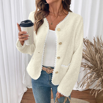 Women Clothing Lace V neck Jacket Coat Classic Autumn Winter Long Sleeve Cardigan Top