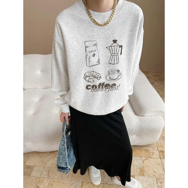Atmosphere Fun Coffee Bread Printing round Neck Loose Pullover Sweater