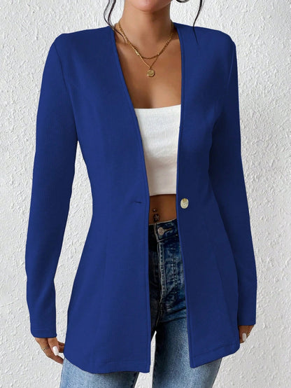 Fashionable V neck One Button Solid Color Long Sleeve Small Blazer