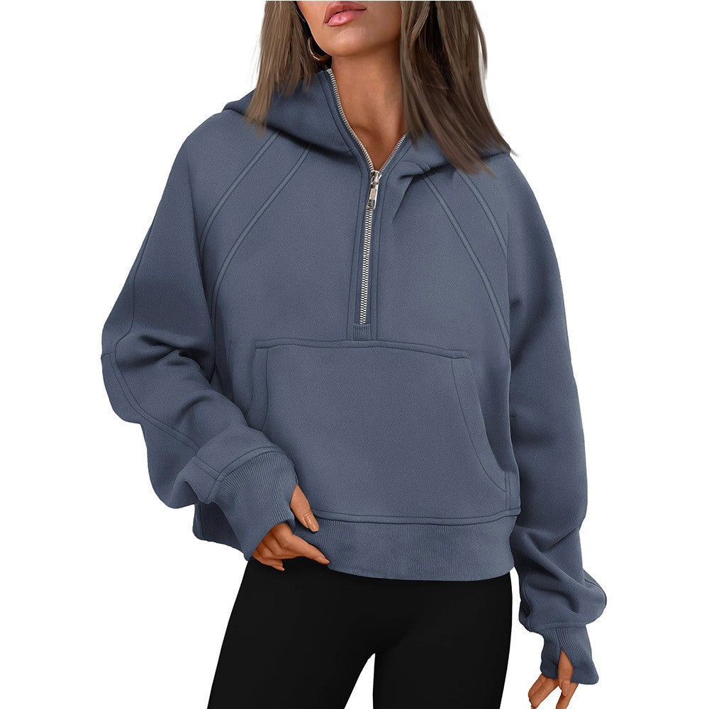 Half Zipper Pullover Hooded Sweatshirt Fleece Short Chic Scuba Sweater for Women
