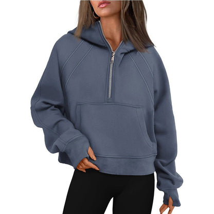 Half Zipper Pullover Hooded Sweatshirt Fleece Short Chic Scuba Sweater for Women