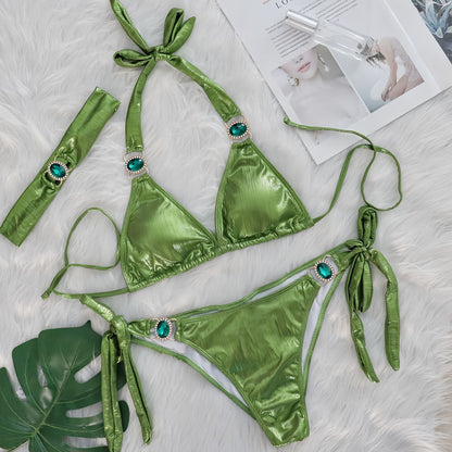 Sexy Bikini Crystal Diamond Three Piece Split Swimsuit Beach Shiny Women Swimsuit