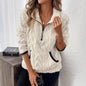 Autumn Winter Collared Classic Jacquard Half Zipper Plush Pocket Short Sweater