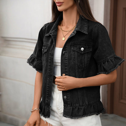 Washed Sexy Tassel Hem Short Sleeve Denim Coat