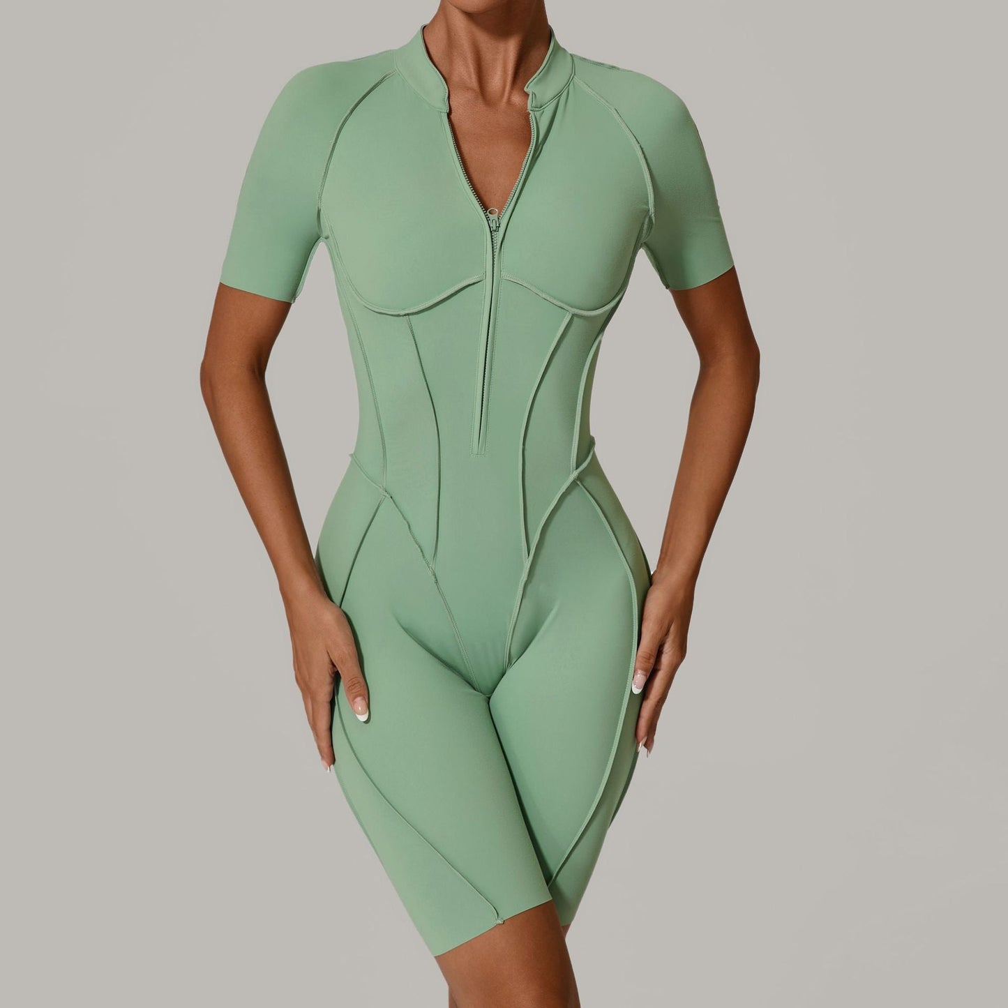 Summer Zipper Short Sleeve Outer Wear Fitness Yoga Jumpsuit Women Dance Tight Sports Jumpsuit