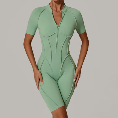 Summer Zipper Short Sleeve Outer Wear Fitness Yoga Jumpsuit Women Dance Tight Sports Jumpsuit