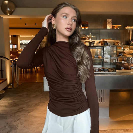 Autumn Arrival Pleating Niche Slim Waist Tight Sexy Long Sleeve Bottoming Shirt for Women