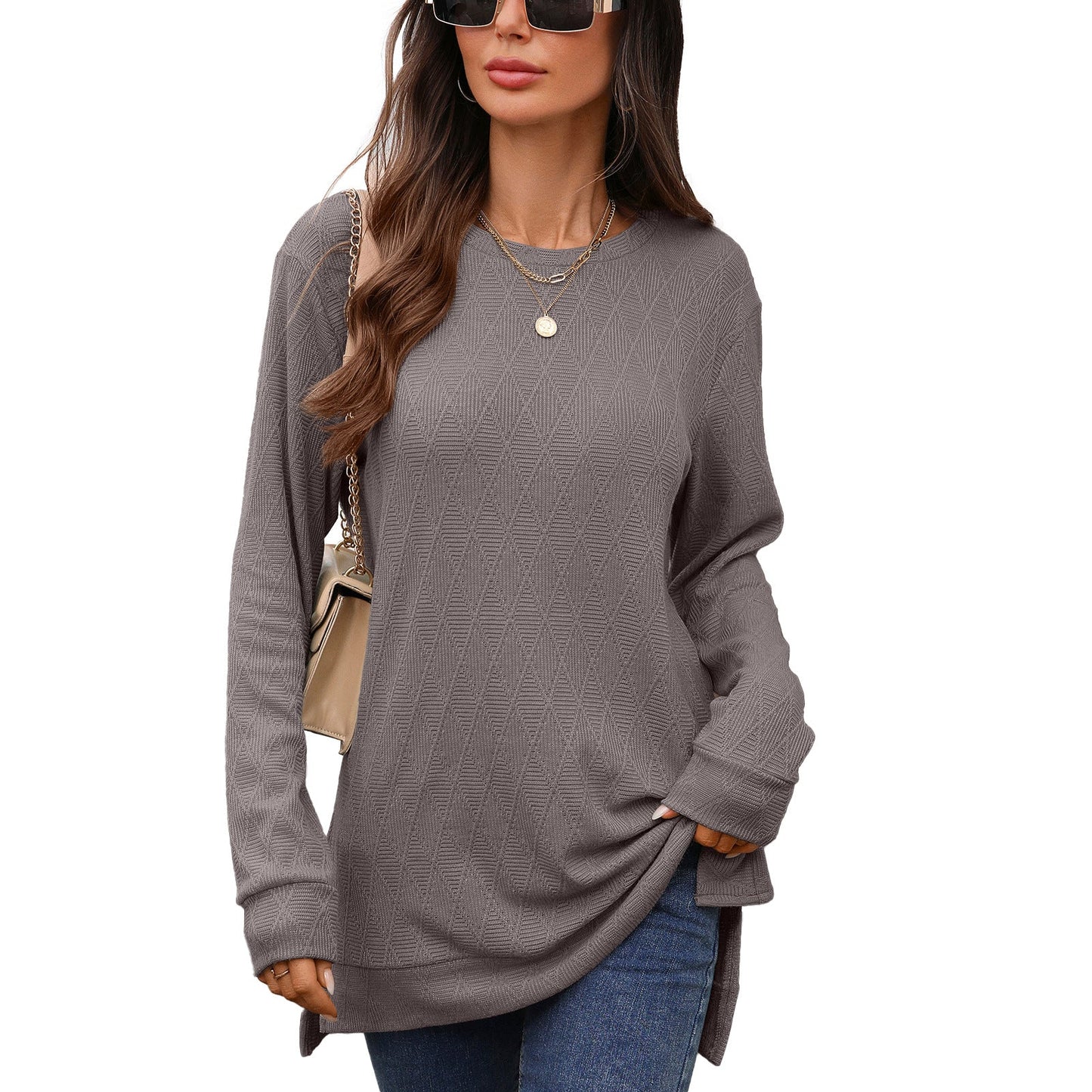 Autumn Winter round Neck Geometric Abstract Jacquard Loose Fitting Long Sleeved T shirt Top Women