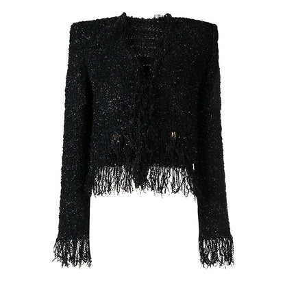 Spring Autumn Bright Silk Tweed Fringe Pocket Fastener Decoration Cardigan Women Coat Top