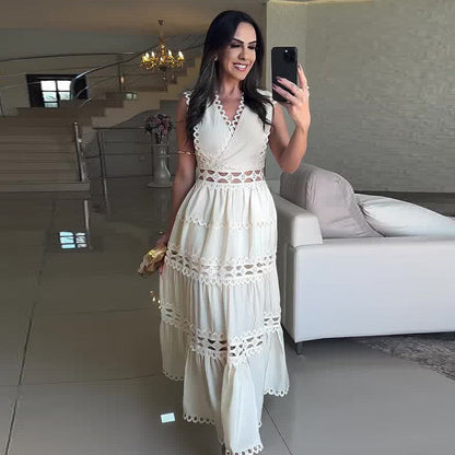 Palace Hollow Out Cutout out Embroidered V neck Slimming Long Sleeveless Dress