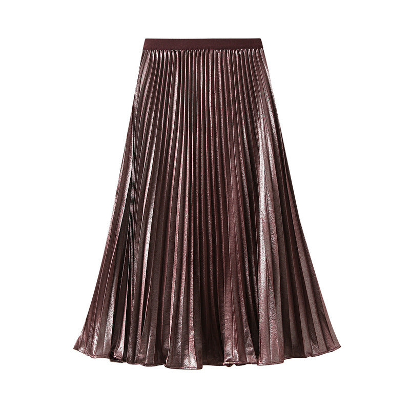 Thin Glittering Pearlescent Pleated Puffy Skirt for Women Autumn Elegant Drape Organ Pleated