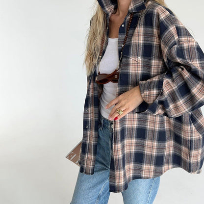 Autumn Winter Classic Retro Boyfriend Plaid Shacket Women All Match Loose Shirt