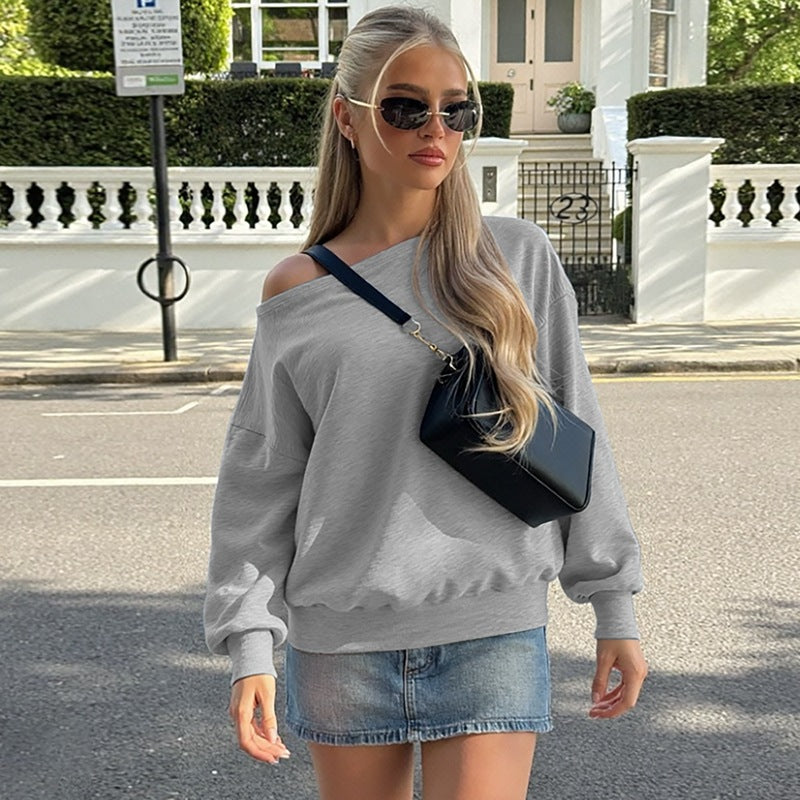 Women Clothing Autumn Casual Loose Waist Diagonal Collar Long Sleeve Sweater