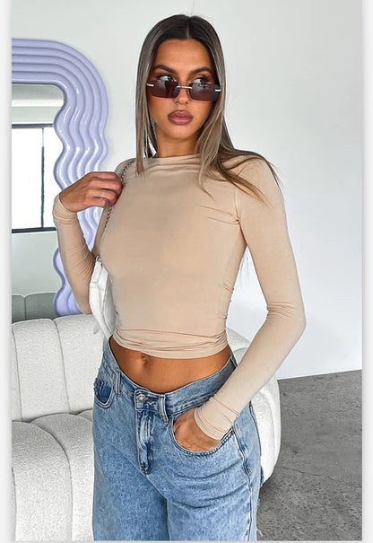 Spring Summer Women round Neck Fashionable Fitted Long Sleeve Solid Color T shirt for Women