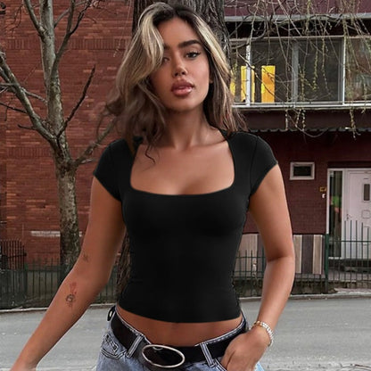 Sexy Women Clothing Summer Solid Color Square Collar Short Sleeve Slim Fit Slimming T shirt Vest Top