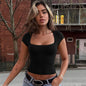 Sexy Women Clothing Summer Solid Color Square Collar Short Sleeve Slim Fit Slimming T shirt Vest Top