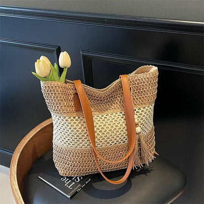 One Shoulder Hollow Out Cutout out Straw Bag Tassel Woven Bag Vacation Beach Bag Contrast Color Straw Bag