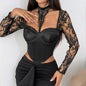 Autumn Lace Stitching Satin Satin Sexy Halter Steel Ring Boning Corset Slim Long Sleeve Top
