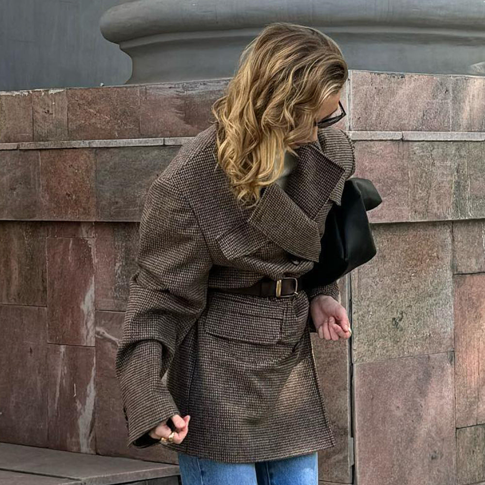 Houndstooth Woolen Coat Autumn Winter Mid Length Double Breasted Coat Women British Woolen Jacket