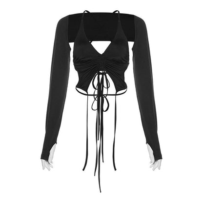 Women Clothing Long Sleeved Halter Backless Tied Slim Fit Solid Color T shirt