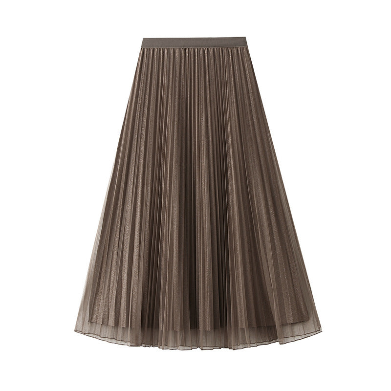 Women Autumn Mid Length Elastic Waist Mesh Skirt Reverse High Waist Slimming Pleated Skirt
