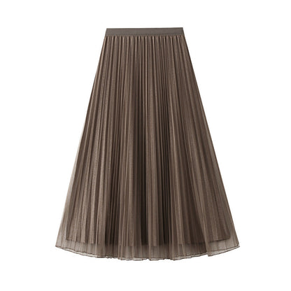 Women Autumn Mid Length Elastic Waist Mesh Skirt Reverse High Waist Slimming Pleated Skirt