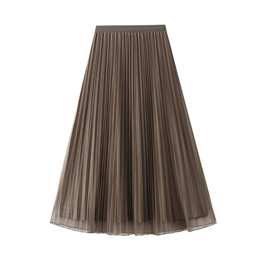 Women Autumn Mid Length Elastic Waist Mesh Skirt Reverse High Waist Slimming Pleated Skirt