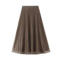 Women Autumn Mid Length Elastic Waist Mesh Skirt Reverse High Waist Slimming Pleated Skirt