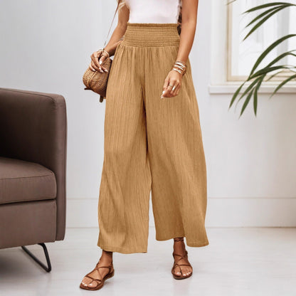 Summer High Waist Casual Three Dimensional Line Pleated Design Elastic Waist Loose Wide Leg Pants