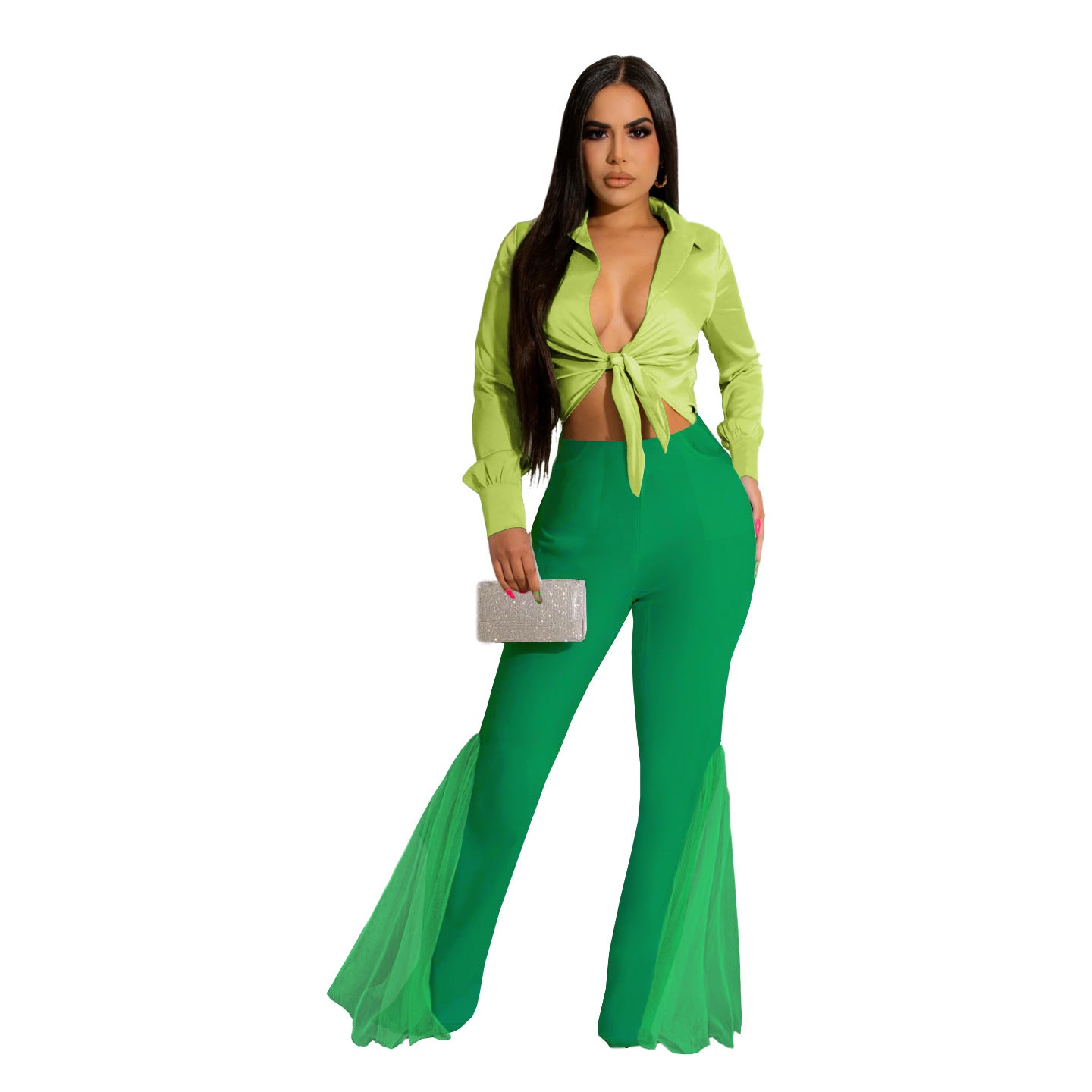 Women Clothing Sexy High Waist Split Slimming Easy Matching Mesh Patchwork Pocket Bell Bottom Pants