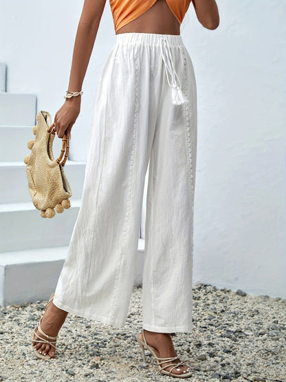 Spring Summer plus Size Women Loose Casual Tassel Wide Leg Pants Hollow Out Cutout out White Trousers