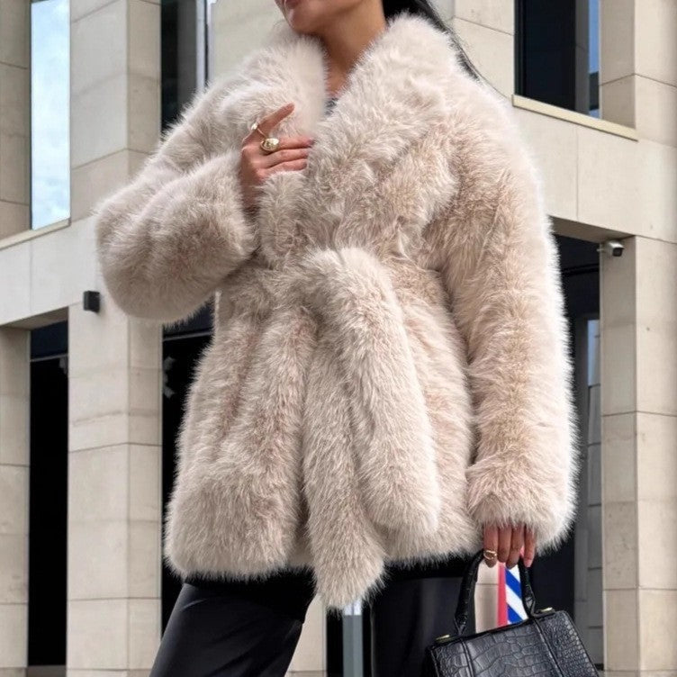 Winter Thickened Faux Fur Coat Women Mid Length Belt Fox Fur Overcoat Collar Plush Women Clothing