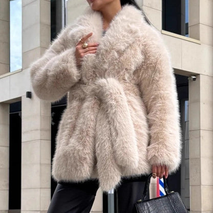 Winter Thickened Faux Fur Coat Women Mid Length Belt Fox Fur Overcoat Collar Plush Women Clothing