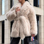 Winter Thickened Faux Fur Coat Women Mid Length Belt Fox Fur Overcoat Collar Plush Women Clothing