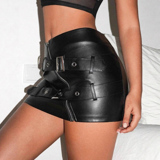 Leather Short Skirt Tight Street Hipster Sexy Leather Skirt Sexy Japanese Buckle Skirt