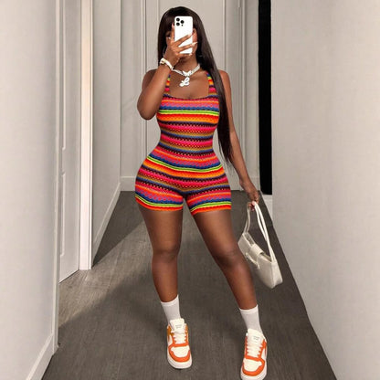 Summer Women Sexy Slim Fit Printed Suspenders U Collar Hip Shorts Jumpsuit Women