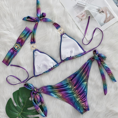Sexy Bikini Crystal Diamond Three Piece Split Swimsuit Beach Shiny Women Swimsuit