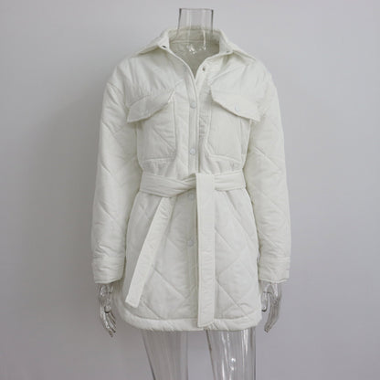 Long Breasted Collared Loose Warm Rhombus Cotton Padded Coat Autumn Winter Wild Thickened Cotton Padded Coat for Women