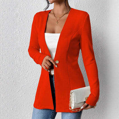 Fashionable V neck One Button Solid Color Long Sleeve Small Blazer