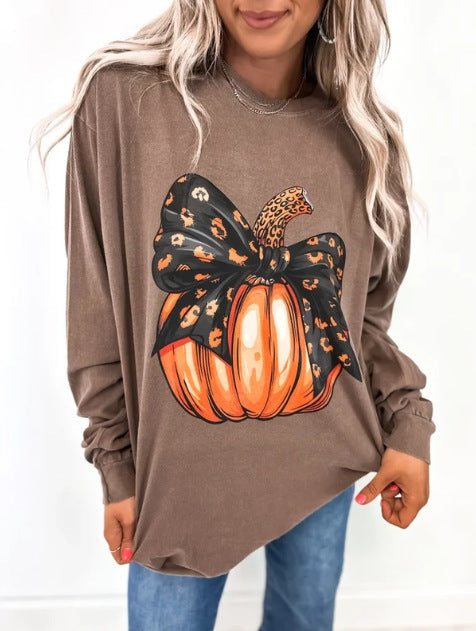 Ladies Summer Halloween Pumpkin Leopard Bow Printed Sweatshirts
