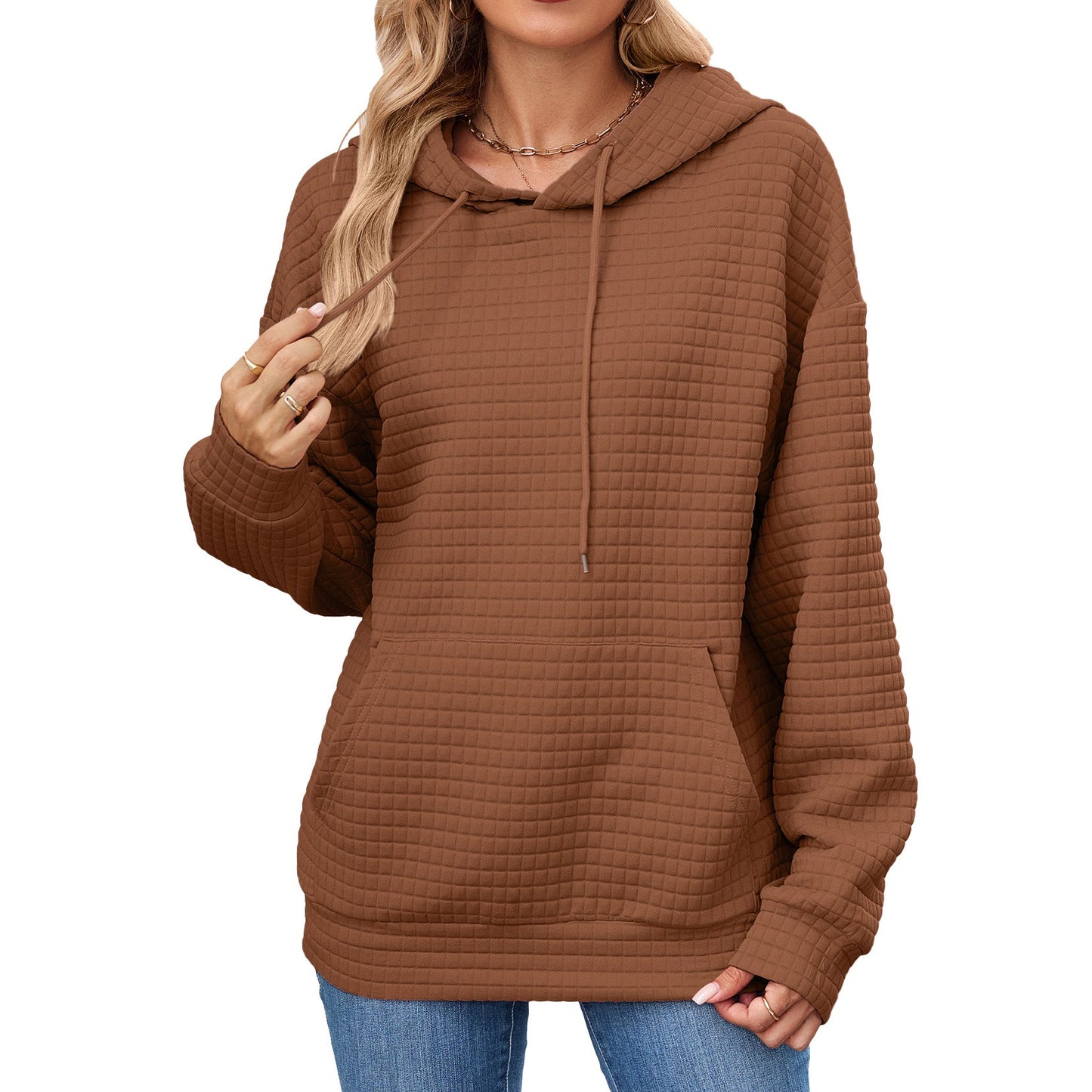 Autumn Winter Solid Color Hooded Pocket Loose Long Sleeve Sweatershirt Coat for Women
