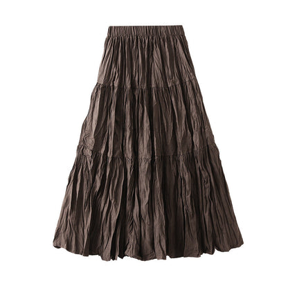 Retro Draped Dress Big Swing Mid Length Skirt Autumn Patchwork Tiered