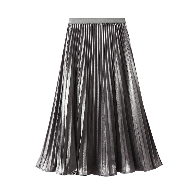 Thin Glittering Pearlescent Pleated Puffy Skirt for Women Autumn Elegant Drape Organ Pleated