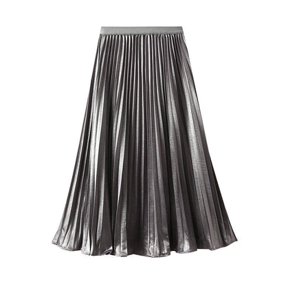 Thin Glittering Pearlescent Pleated Puffy Skirt for Women Autumn Elegant Drape Organ Pleated